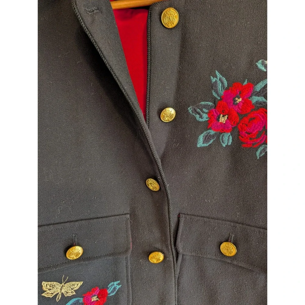 A New Day Black Embroidered Floral Military Jacket Gold Buttons Cropped 10